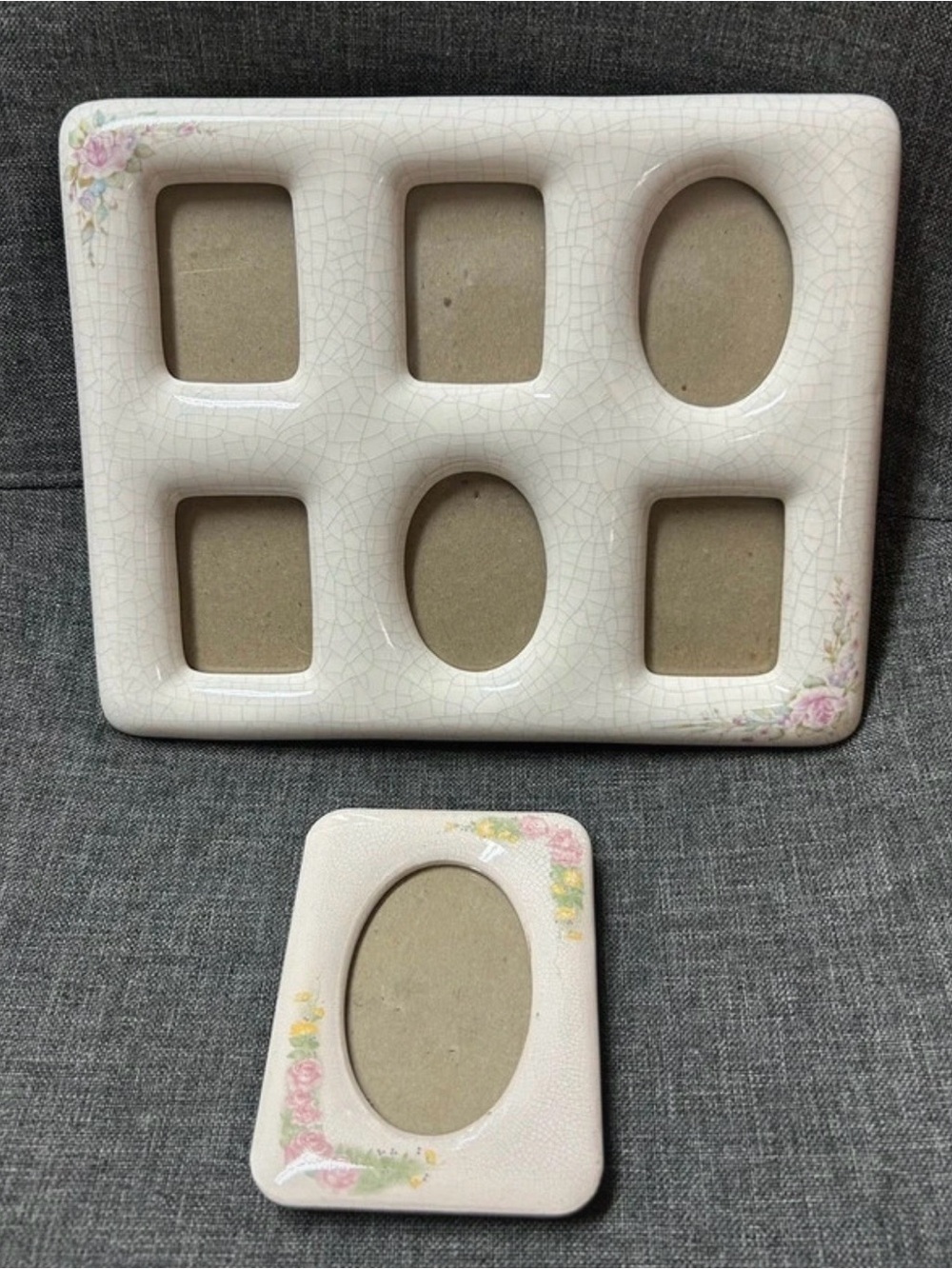 Ceramic Multi-Opening Photo Frame in Cream with Pink Floral Accents
